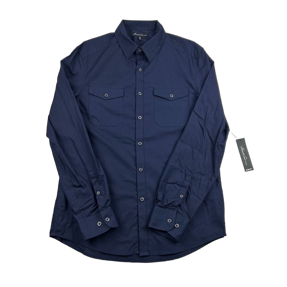 Kenneth Cole Button Up Shirt Womens M Slim Fit Long Sleeve Dark Blue Pockets New